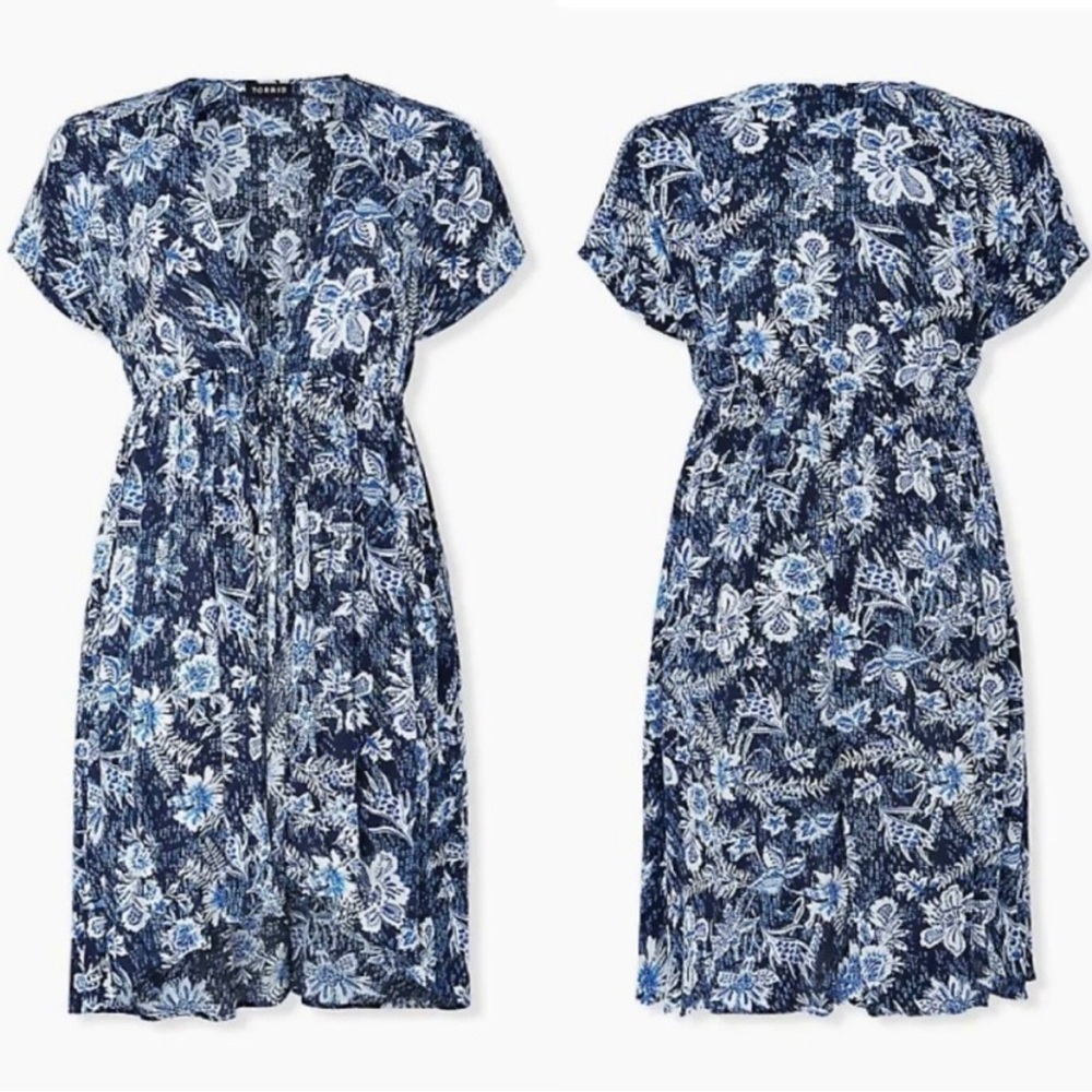 Torrid Indigo Floral Gauze Waist Kimono Hi-Lo Hem Waist Tie Womens 3/4 Plus Size